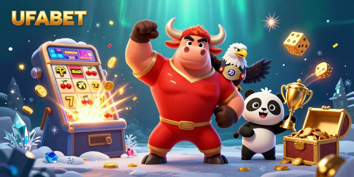 Experience thrilling UFABET action with a vibrant cartoon bull and friends celebrating casino wins amidst dynamic game elements.