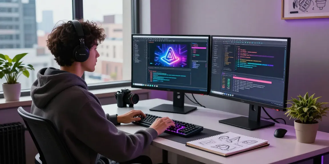 Developer immersed in AI coding at a creative workspace with vibrant screens displaying juicy ai innovation.