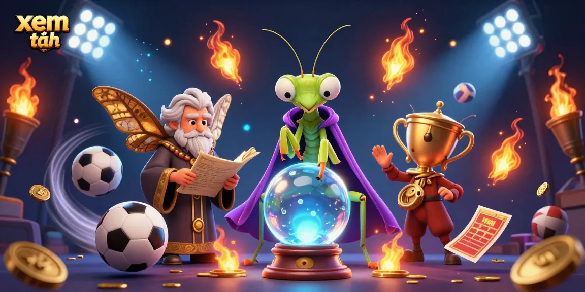 Engaging scene of a praying mantis fortune teller and moth librarian, featuring xem thêm elements for sports betting illustrations.