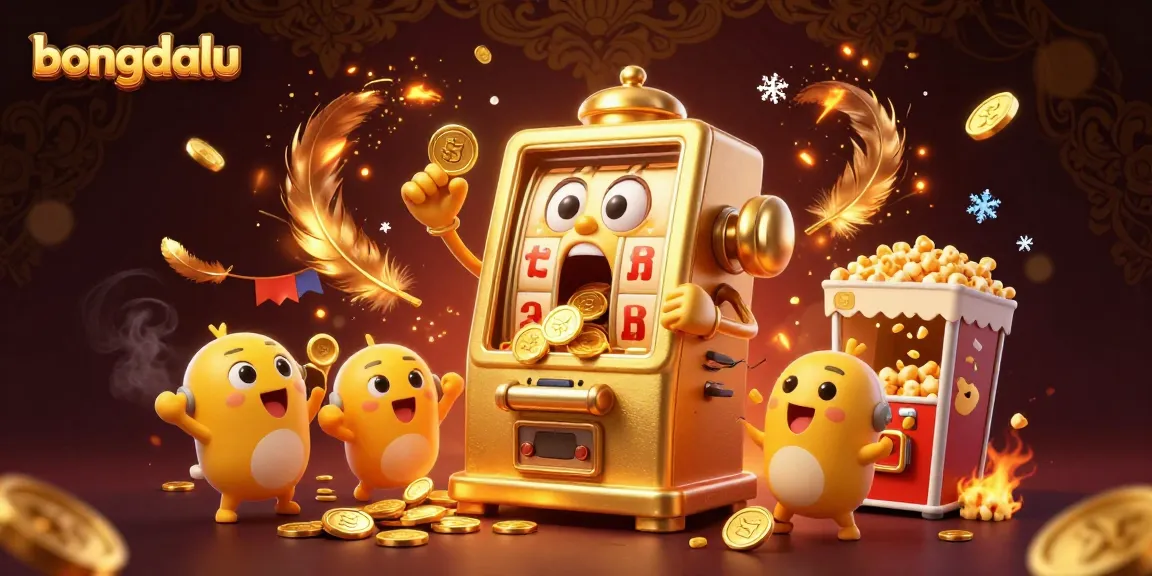 Bongdalu showcases a lively casino scene with golden slot machines celebrating big wins amidst a vibrant backdrop.