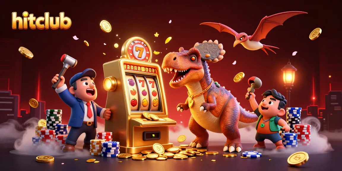 Hitclub showcases a dynamic scene with cartoon dinosaurs and casino elements in an exciting jackpot setting.
