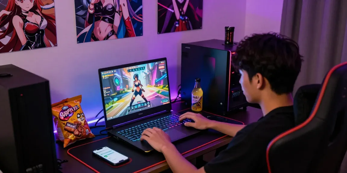 Engaging gamer immersed in a game hentai experience with vivid graphics in a cozy gaming setup.