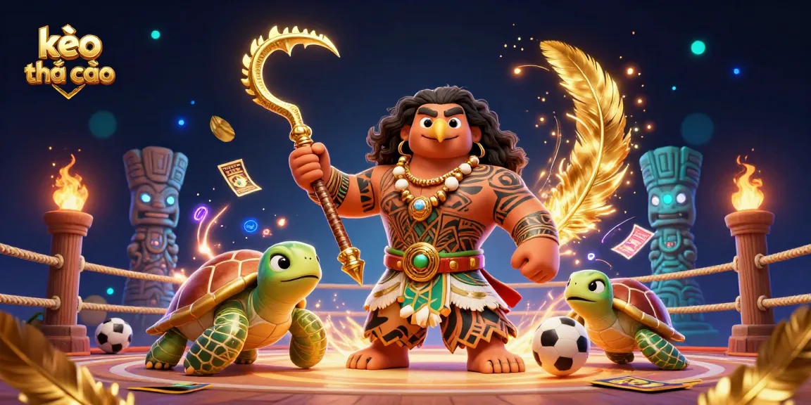 Engage with kèo nhà cái strategies in this vibrant 3D casino scene featuring a demigod hawk, turtle, and sports betting elements.