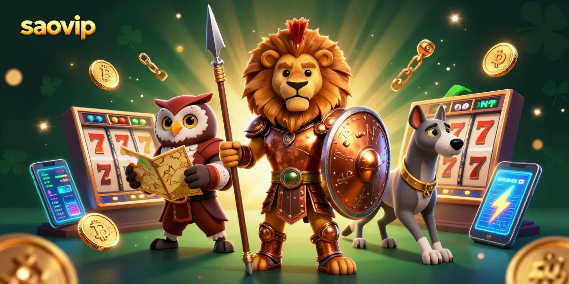 Engage with saovip's exciting slot jackpots, featuring vibrant characters and glowing cryptocurrency elements.