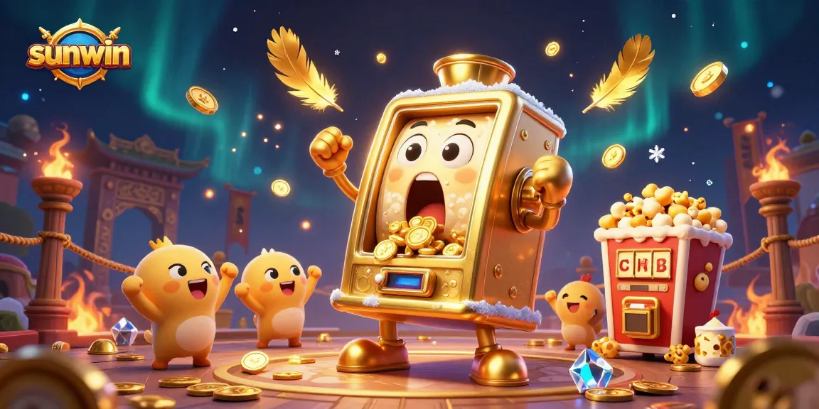 Win big with sunwin's golden slot machine in a dynamic casino adventure illustration.