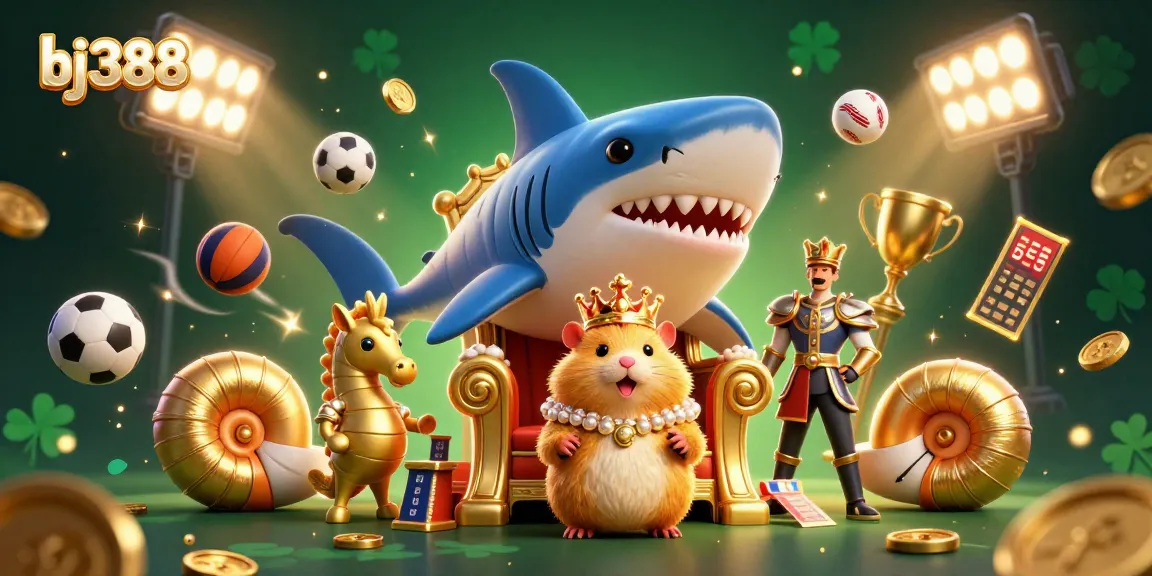 Experience the excitement of bj388 with a dynamic casino-themed illustration featuring a hamster king and sports elements.