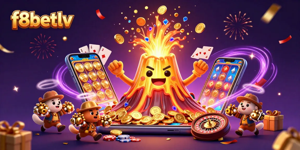 Experience vibrant gaming action at f8betlv with coins and treasures erupting from a volcano.