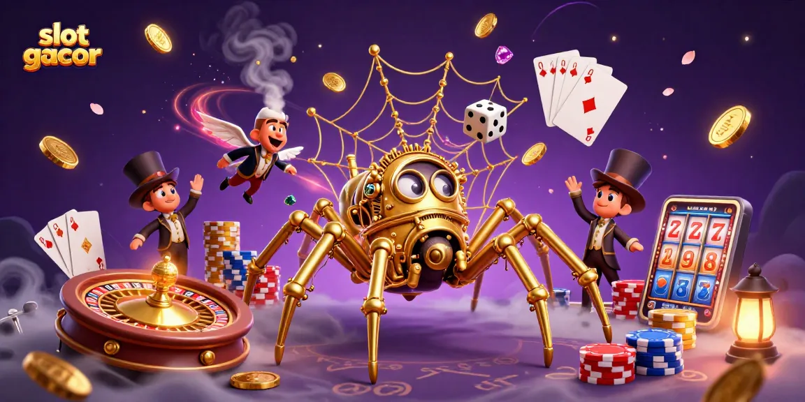 Engage with slot gacor's thrilling gameplay as golden coins and jackpots shine through a vibrant casino scene.