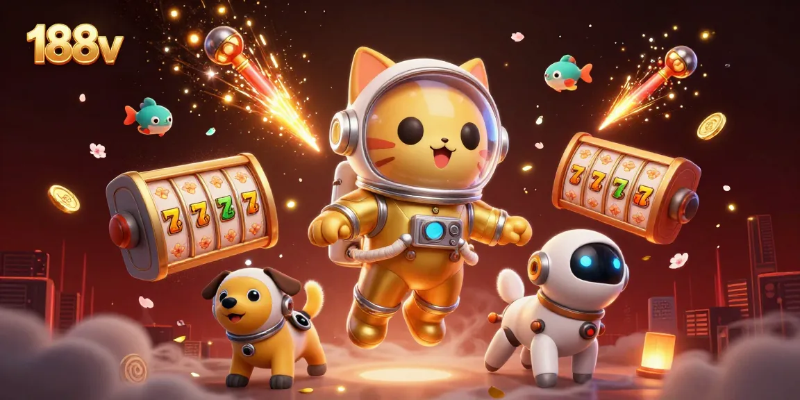 Play exciting casino games with 188v's vibrant digital illustration featuring animated charms and slot elements.