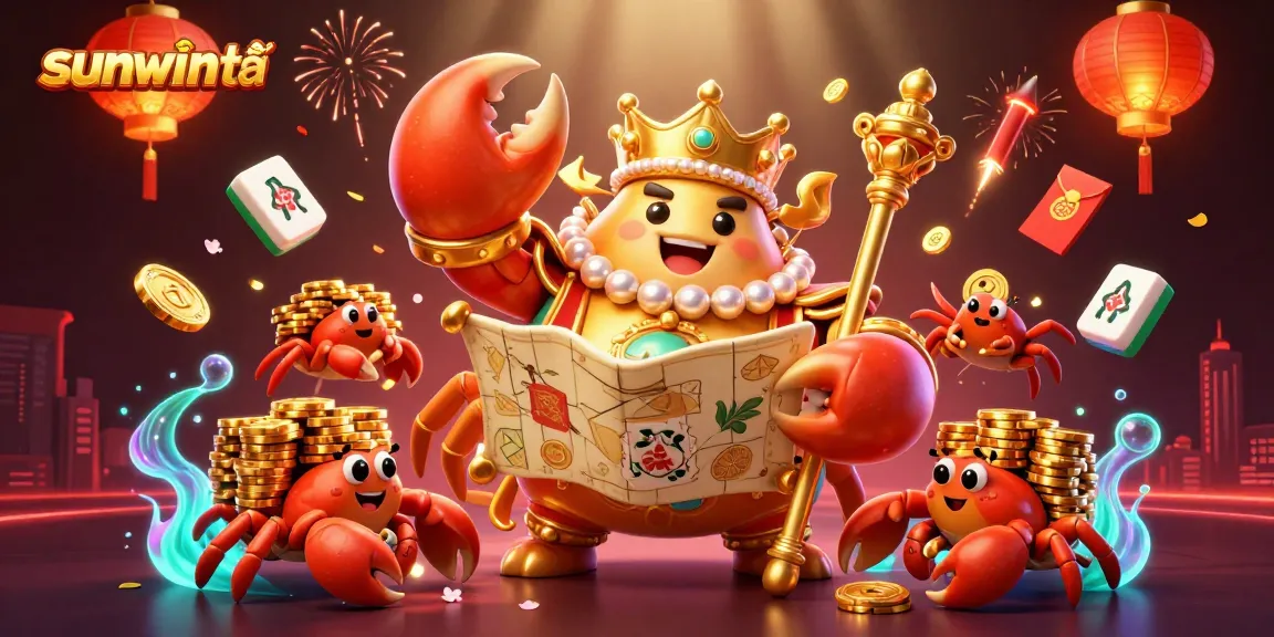 Engage with the vibrant world of sunwin tải, led by a royal crab emperor amidst glowing gaming elements.