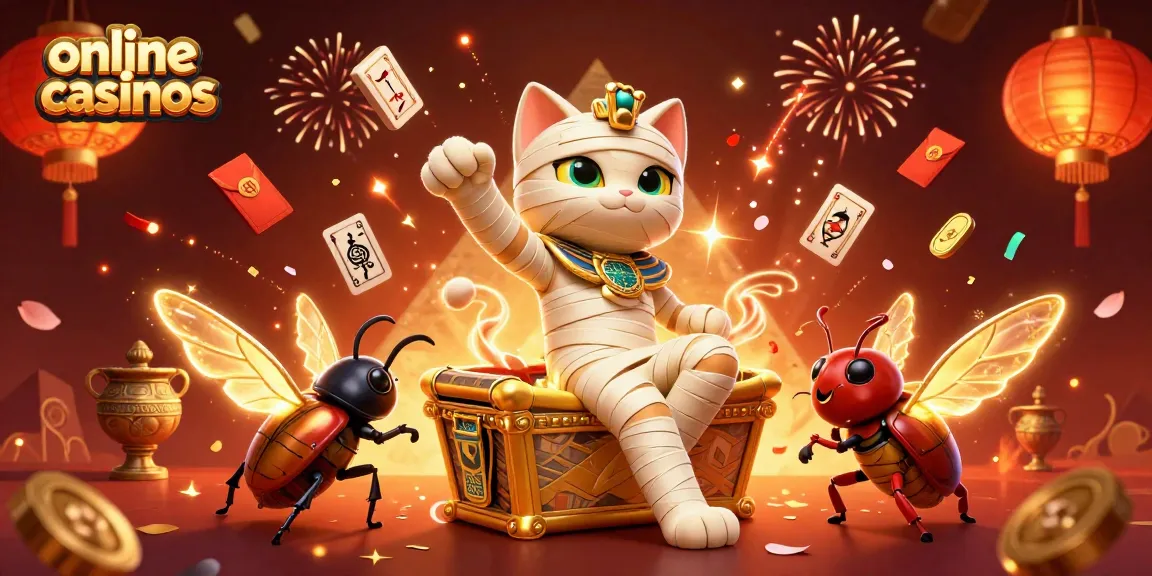 Explore top online casinos in a vibrant, celebratory casino scene featuring unique characters and elements.