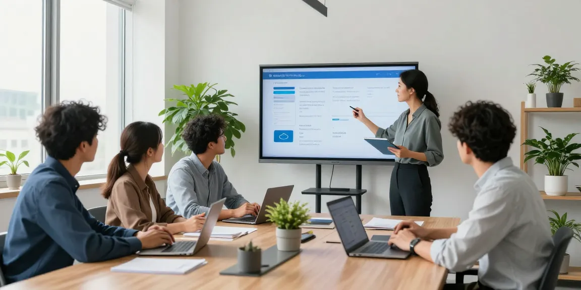 Team collaborating on a cloud based phone system in a modern office
