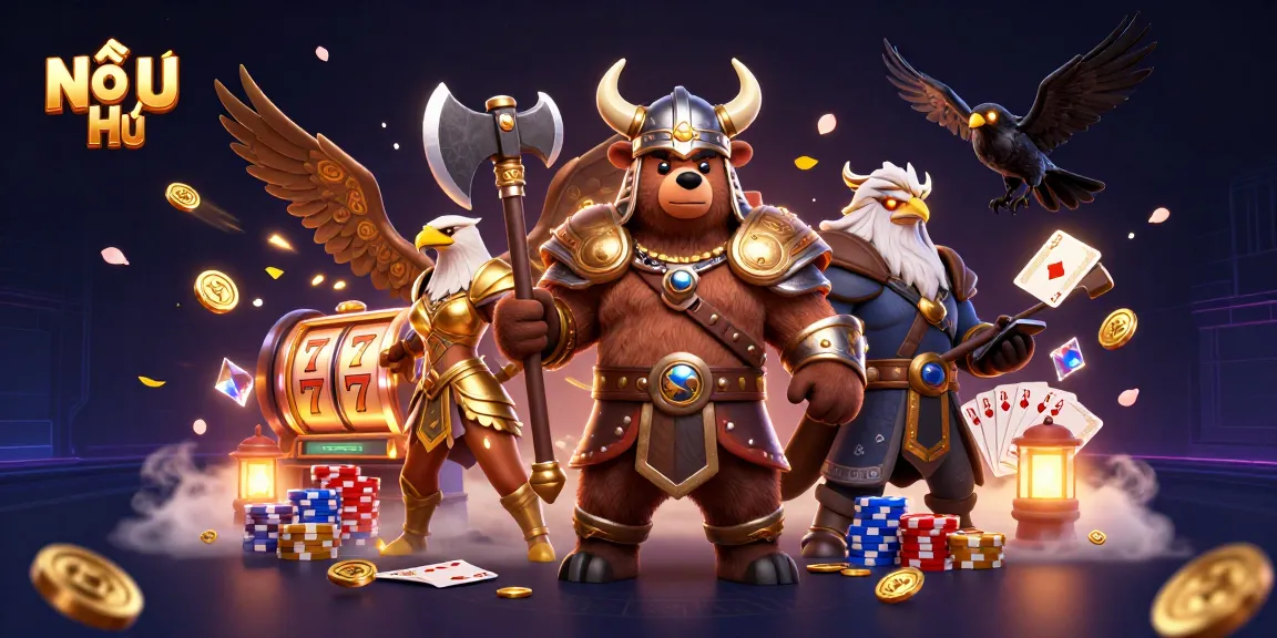 Experience thrilling Nổ Hũ adventures with a cartoon Viking bear and Valkyrie in an epic casino scene.