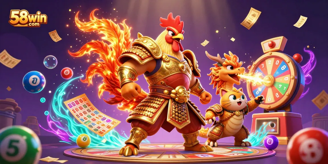 Engage in thrilling gameplay at 58win com, featuring a vibrant illustration of iconic gambling elements.