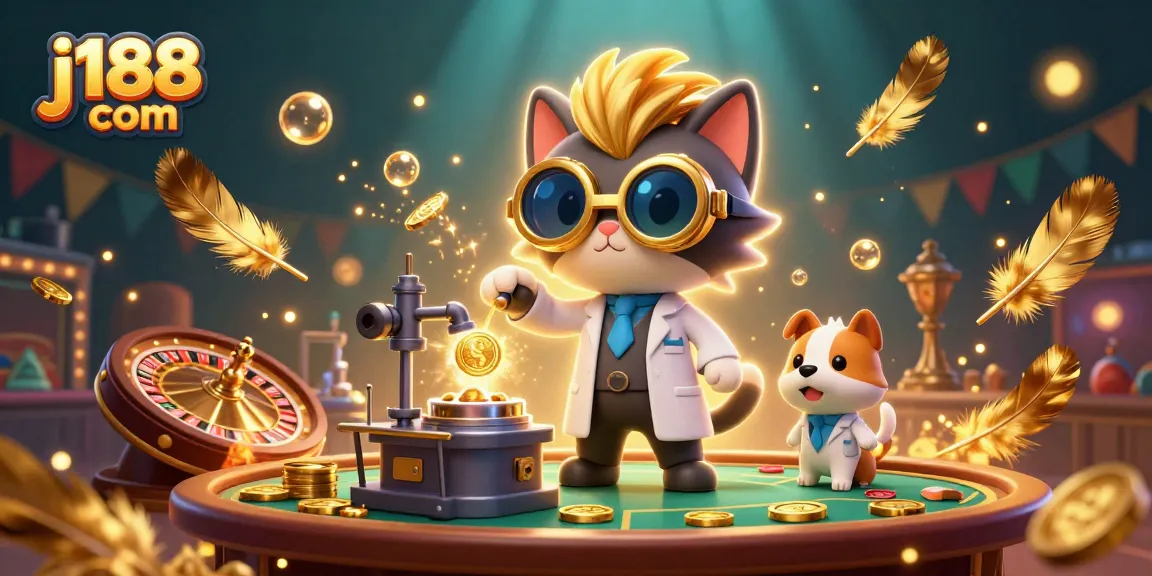 Win big at j188 com with this vibrant casino scene showcasing mad scientist cat and loyal dog amidst betting fun!