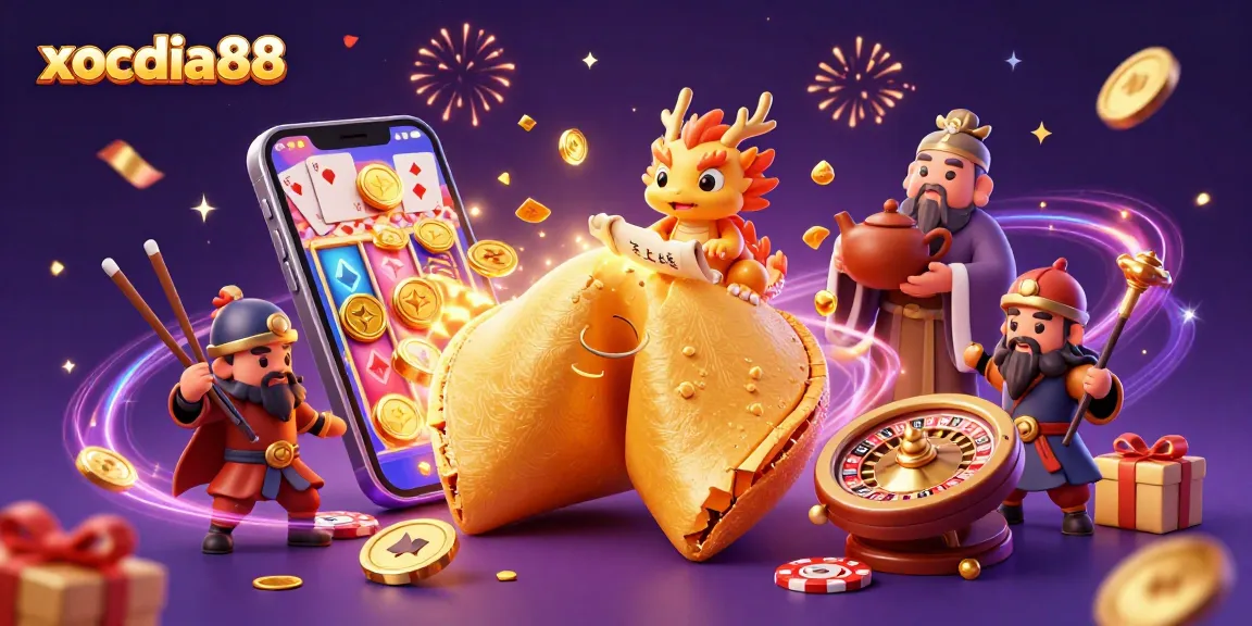 Xocdia88 features a vibrant casino scene with a fortune cookie, a wise dragon, and slot games, celebrating big wins.