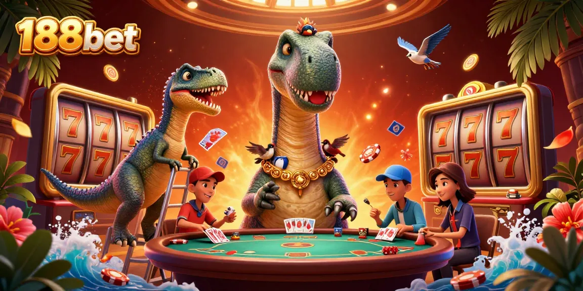 Experience the thrilling world of 188bet with engaging casino action featuring a dinosaur dealer.
