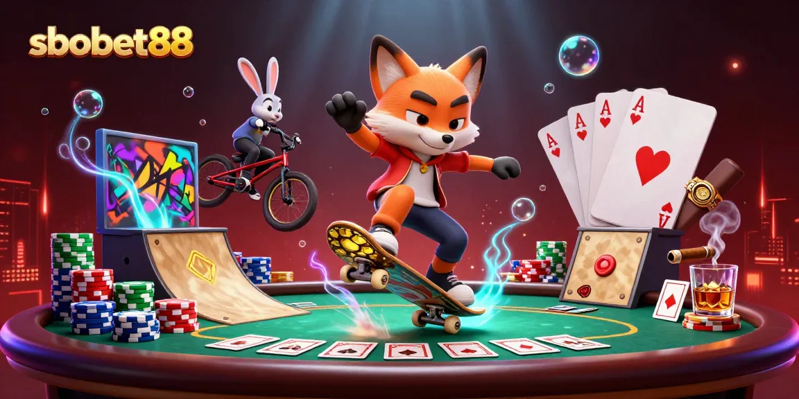 Engage with sbobet88 as a fox skateboarder and rabbit showing dynamic casino-themed tricks.