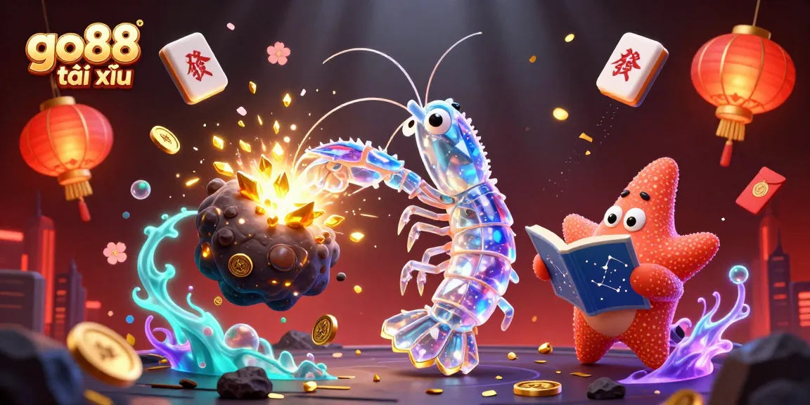 Win big with go88 tài xỉu: A vibrant 3D scene showcases a mantis shrimp, starfish, and casino elements.