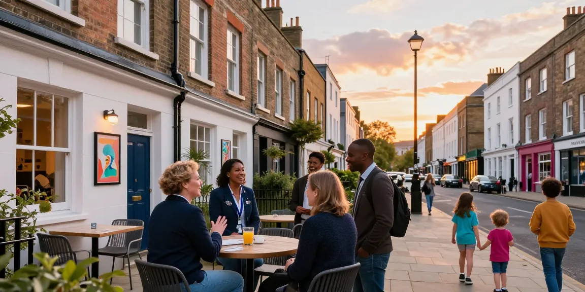 Bristol short-term rental management scene showcasing a vibrant neighbourhood with property managers and families enjoying local attractions.