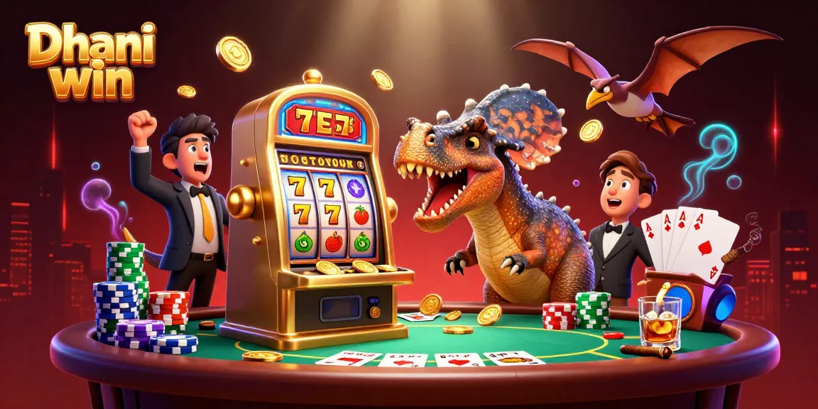Dhani win platform showcases a pachycephalosaurus jackpotting on a golden slot machine, illustrating exciting gaming action.