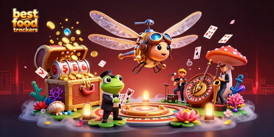 Engage with the best food trackers at a lively lily pad casino, showcasing vibrant dragonfly pilots and frog dealers.