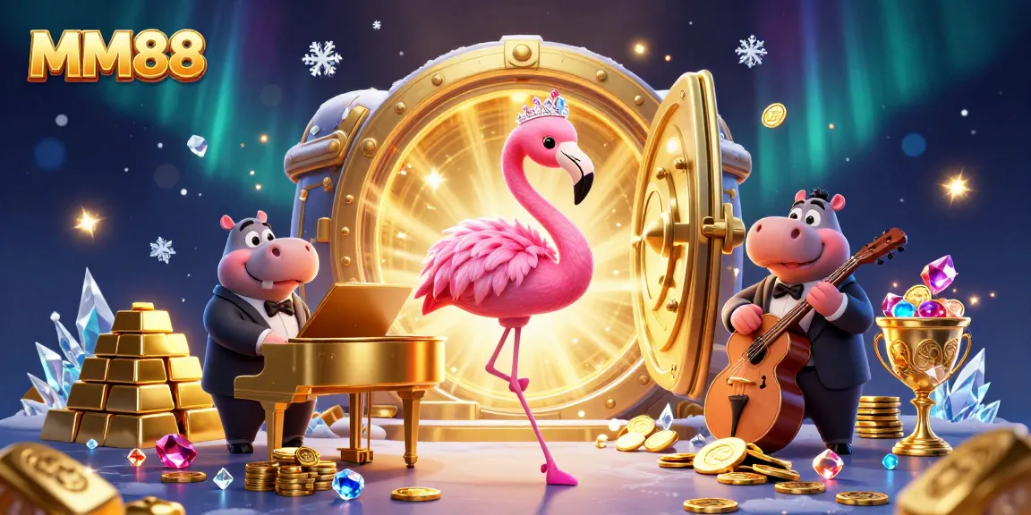 Join MM88's vibrant casino scene with a flamingo singer and hippo bassist, capturing the thrill of gaming.