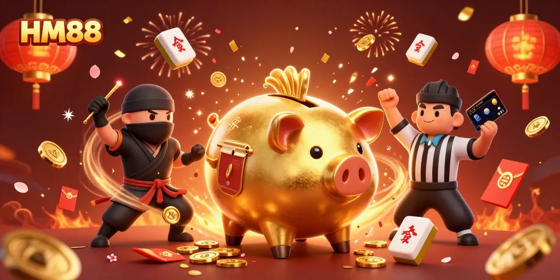 Experience the thrilling action at HM88 with a lively casino scene featuring a sumo wrestler, ninja, and samurai referee.